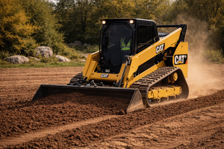 cat 299d3 grading the field at dusk